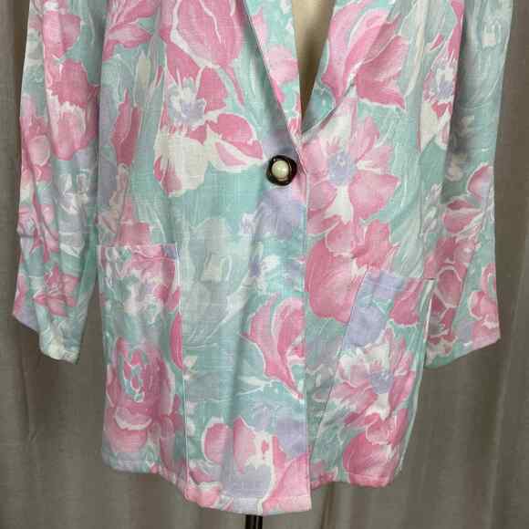 Vintage Blazer Womens Size Small Floral Pink Blue Pastel Spring Boyfriend 90s - Picture 3 of 13